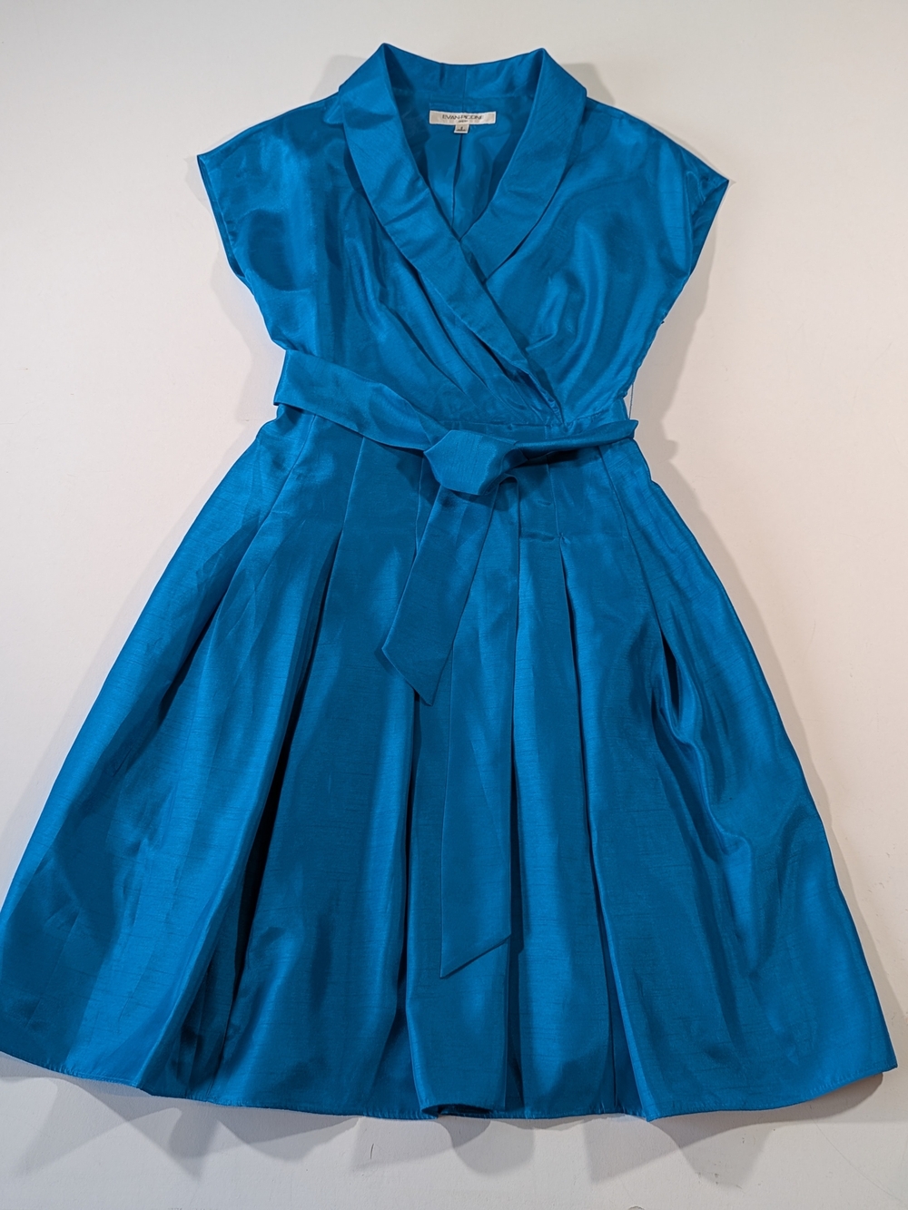 Evan-Picone Collard Wrap V Neck Pleated Flared Midi Dress Tied Waist Blue Size 6